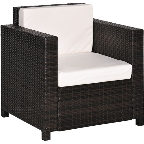 Single Seater Rattan Chair, PE Wicker Garden Armchair with 10 cm Thickened Cushion, All-Weather Rattan Garden Chair with Armrests, Brown
