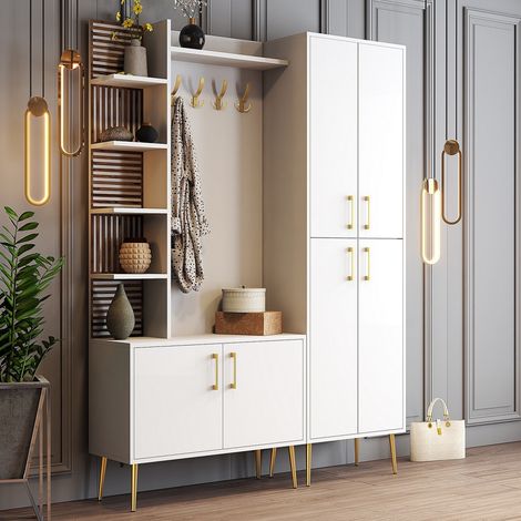 Mueble de Entrada Paludi, Perchero, 13 Estantes, Puerta Abatible, 150x35x202h cm Blanco (1/5)