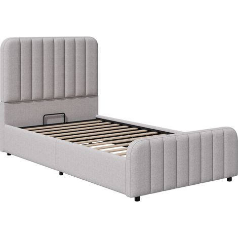 Cama tapizada individual 90x200 cm con almacenaje hidráulico y somier de láminas gris (1/5)