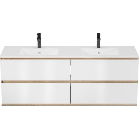 Mobile per bagno sospeso con lavabo da incasso 150 cm Naturale chiaro e Bianco - SABURI (1/4)