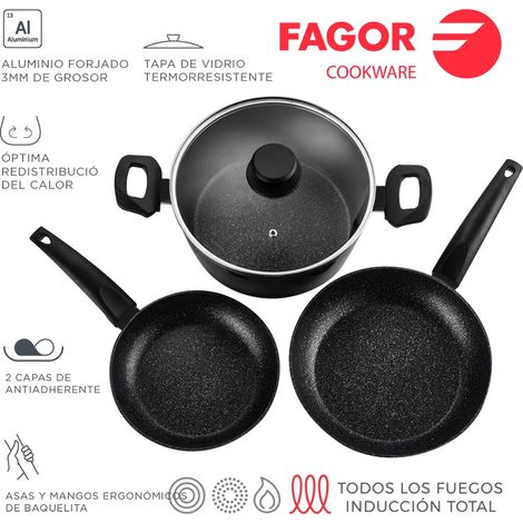 Set bestehend aus 2 Bratpfannen und 1 Topf, Vivant schwarzes Aluminium, Maße: Bratpfannen ø20/ø24 cm und Topf ø24 cm