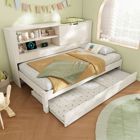 lit canapé simple 90x190 cm blanc rangement sommier lattes (1/4)