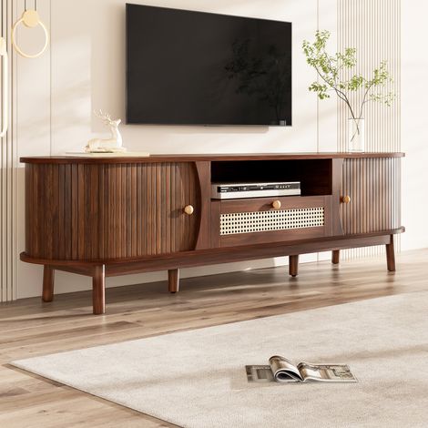 Meuble TV 165x37x46 cm avec portes et élégants tiroirs en rotin couleur noyer (1/5)