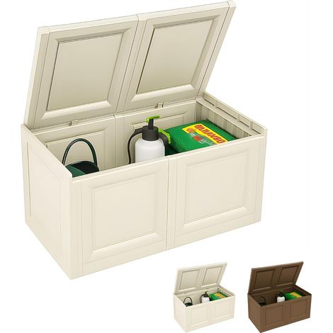 Baule portaoggetti in plastica a 2 Moduli con quadrati - misura 86x40x42 cm - Cassapanca effetto legno da interno ed esterno, coperchio rinforzato con (1/5)