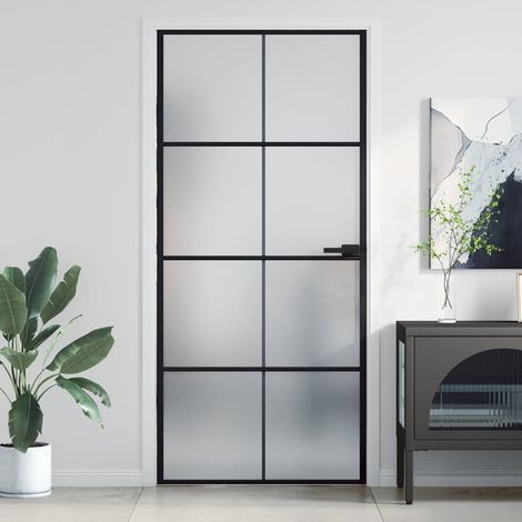 Porte intérieure, fine, noire, 93 x 201,5 cm, verre trempé et aluminium (1/5)