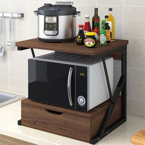 Étagère pour Micro-Ondes, Structure en métal avec étagère en Bois MDF et tiroir Organisateur, Porte-ustensiles de Cuisine, Design Moderne, 54 x 35 x 50 cm (Noyer) (1/5)