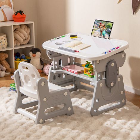 Ensemble table et chaise enfant gris réglable en hauteur avec tableau blanc inclinable et étagère pour chambre et école (1/5)