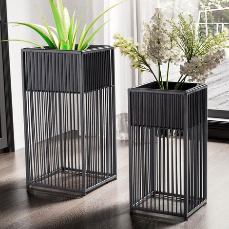Lot de 2 cache-pots carrés sur pied 25 et 20 cm en fer noir