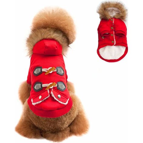 Fournitures pour animaux de compagnie Vêtements pour animaux de compagnie Deux jambes épais à capuche Bouton en corne Vêtements pour chien à capuche, Rouge S (1/5)