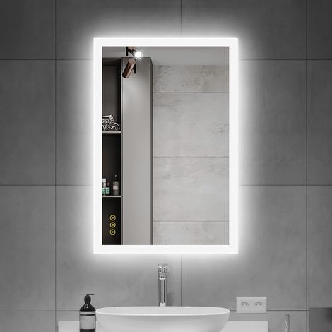 Miroir de salle de bain carré de 50 x 70 cm, lumières LED tricolores réglables, luminosité à intensité variable, design anti-buée, adapté pour les coiffeuses et les salles de bains. (1/5)