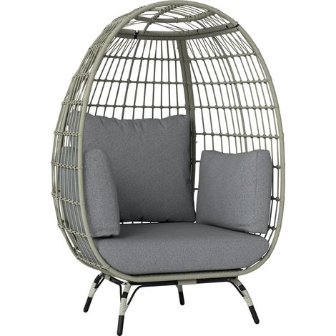 Rattan Egg Chair with Cushions and Pillows, Charcoal Grey