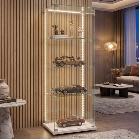 Creahappy Vitrine en Verre 3 Niveaux avec LED 40x35x123 cm - Meuble d'Exposition Éclairé - Verre Trempé et Bois - Blanc (1/5)