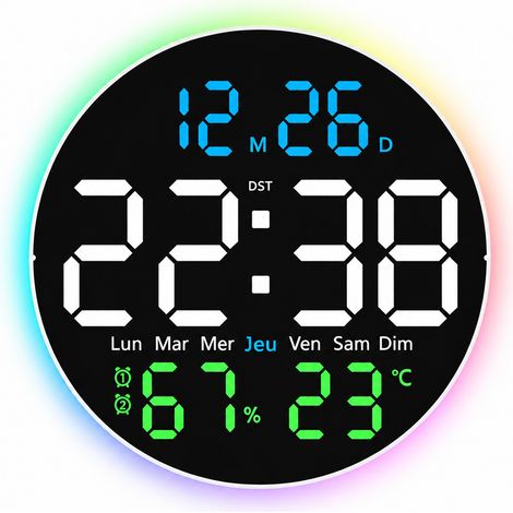 Horloge murale LED numérique ronde multifonction avec veilleuse 3 couleurs thermomètre et hygromètre réf 5246 600 g – Livraison gratuite