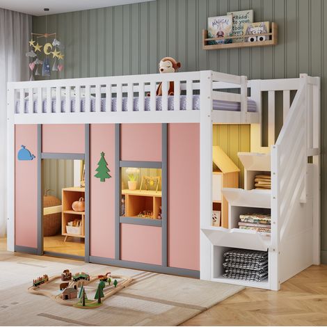 Letto a soppalco per bambini 90x200 cm con contenitore, illuminazione a LED e area gioco, struttura stabile in legno bianco e rosa. (1/5)