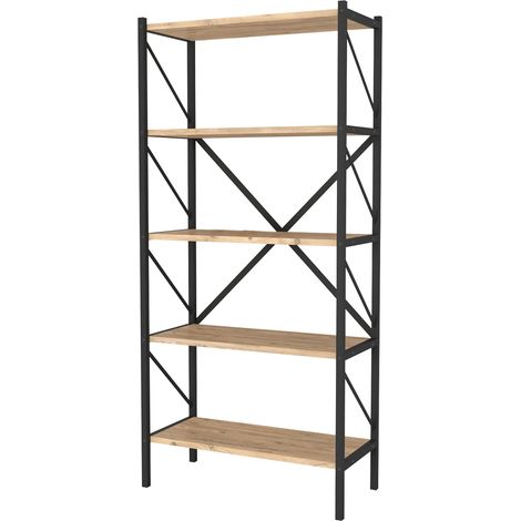 Etagère bibliothèque en métal. Style industriel. Avec 5 étagères mélaminé chêne Safir. Structure en métal noir. (Hauteur 160 cm/Largeur 66 cm/Profondeur 34 cm) (1/5)