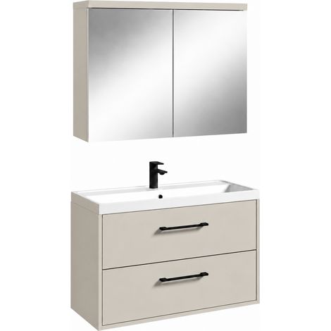 Badplaats Mobile Bagno Florence 80 x 40 cm - Cashmere - con Lavabo e Specchio Contenitore (1/5)