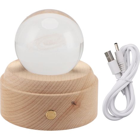 boule de cristal 3D avec socle lumineux LED en bois pour la