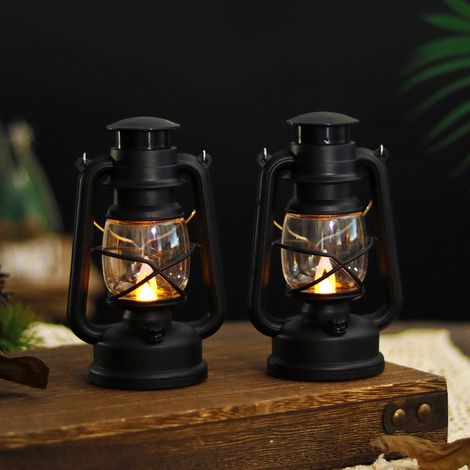 Lot de 2 lanternes vintage style lampe à pétrole de camping avec éclairage décoratif pour Noël et décoration intérieure couleur noire (1/5)