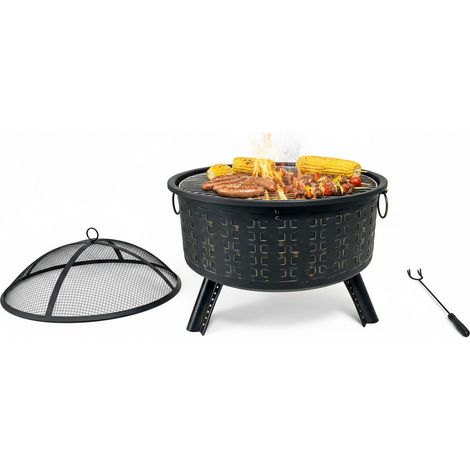 Relaxdays Feuerschale, HxØ 62 x 66 cm, mit Grillrost, Funkenschutz & Schürhaken, Feuerstelle Garten, Feuerkorb, schwarz