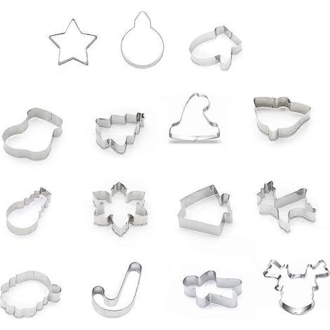 Ensemble de 15 moules à biscuits en acier inoxydable en forme d'éléments de Noël, pour la préparation de pâtes à sucre, gâteaux et biscuits.-7.36.5cm-Silver (1/2)