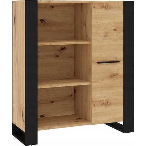 Bb-Loisir – Commode de rangement buffet chêne artisanal 110x90x45cm – 3 étagères fermées et 3 ouvertes – Pieds noirs pour stabilité (1/5)
