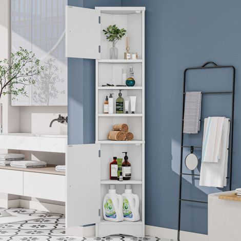 Mobile bagno angolare moderno in MDF laccato bianco, 2 ante, 3 vani aperti, ripiani regolabili, 37 x 24,5 x 170 cm (1/5)