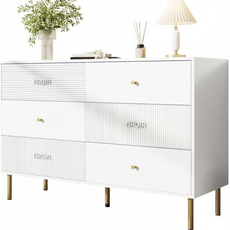 Commode blanche moderne 6 tiroirs, meuble de rangement MDF 120 x 40 x 78 cm