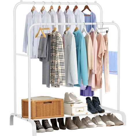 Trintion Portant a Vetement, pour Chambre,Robuste, en Métal, avec Support pour à Chaussures,avec Support pour Support à Chaussures, des Cintres Chemises, des Pantalons (Tige double, Blanc) (1/5)