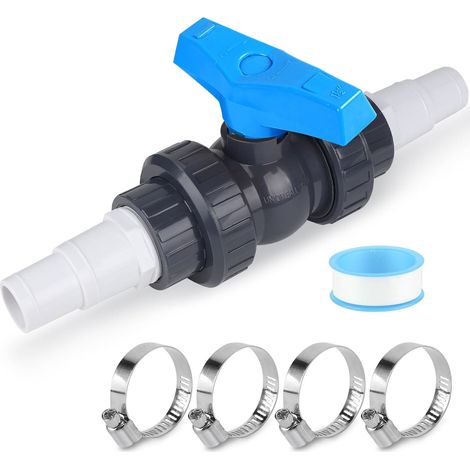 Vanne Piscine avec Raccord Piscine 32-38mm 1 PVC Robinet D'arrêt 1 1/2"(50mm), 2 Raccord Tuyau 32-38mm Accessoires Piscine (1/5)