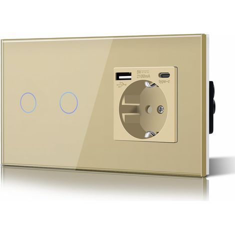 Interrupteur d'éclairage, prise, encastré, 2 compartiments, 1 voie, prise 3-en-1, puissance de charge USB 2,1 A, adaptateur de type C, station de charge, rallonge en verre, 157 mm, doré (1/5)