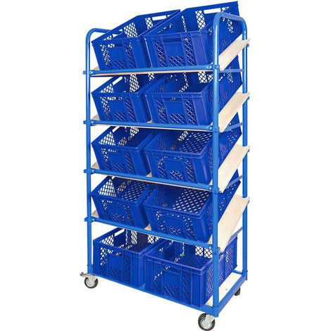 BRB Schrägboden-Regalwagen mit 5 Ebenen, 4 Lenkrollen, bestückt mit 10 Euroboxen durchbrochen 600x400x240 mm blau