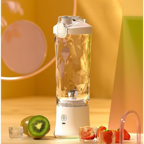 Blender Portable Electrique USB Presse-agrumes Sans Fil 600ml/22oz Taille Personnelle Bec à Siroter Tête 6 Lames Sport Voyage ，Blanc