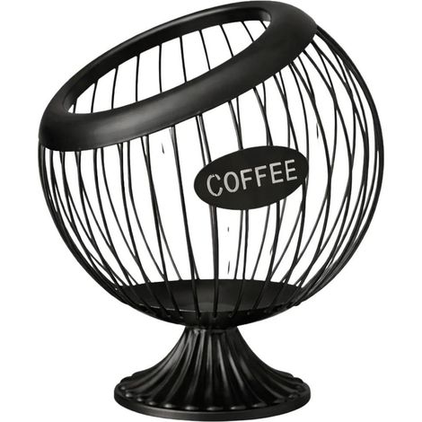 Ein eleganter, freistehender Obstständer aus schwarzem Edelstahl, ausgestattet mit einem Kaffeekapselhalter.