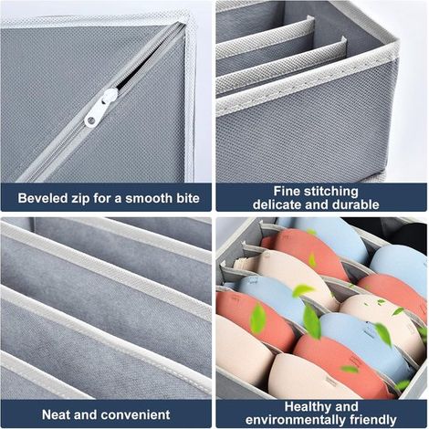 Ensemble de 2 boîtes de rangement pour sous-vêtements, boîtes à soutiens-gorge à 7 compartiments, boîte de rangement pliable grise pour soutiens-gorge, cravates et foulards (1/5)