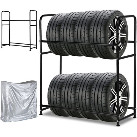Swanew – Étagère à pneus en fer pour 8 pneus – Charge max 180 kg – Dimensions 107 x 46 x 117 cm – Housse de protection incluse – Noir