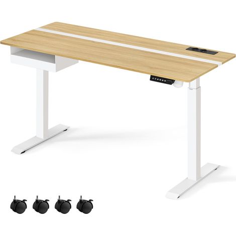 VASAGLE Bureau Électrique Réglable en Hauteur, Bureau Assis-debout, Multiprise, Tiroir, 60 x 140 cm, Réglable en Continu, Fonction Mémoire de 4 Hauteurs, Couleur Chêne Naturel et Blanc Nuage