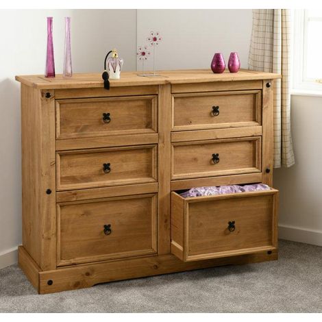 Corona 6 Drawer Chest - L49 x W133 x H104.5 cm - Distressed Waxed Pine (1/5)