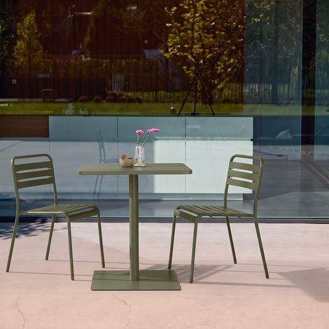 sweeek - Table de jardin bistrot carré acier + 2 assises 70 cm kaki - Orea + Amélia (1/4)