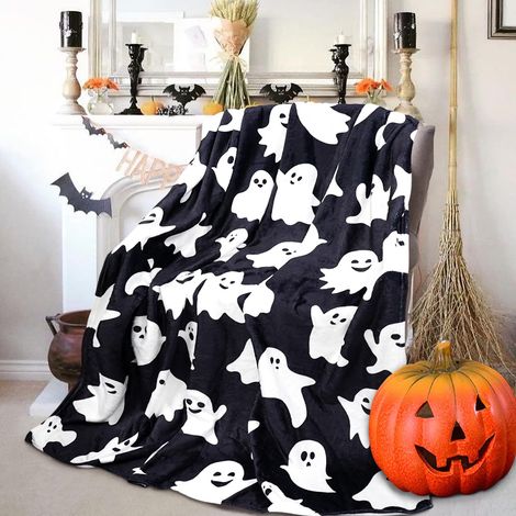 Couverture d'Halloween fantôme pour enfants et femmes, décorations d'Halloween, couverture en flanelle pour lit, canapé, fauteuil, couverture de voyage 127 x 152 cm