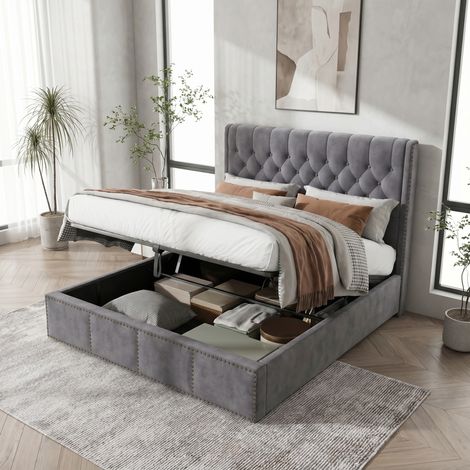 Lit coffre 160x200 cm avec sommier à lattes - lit adulte double 2 places avec rangement hydraulique et clous décoratifs - velours,gris