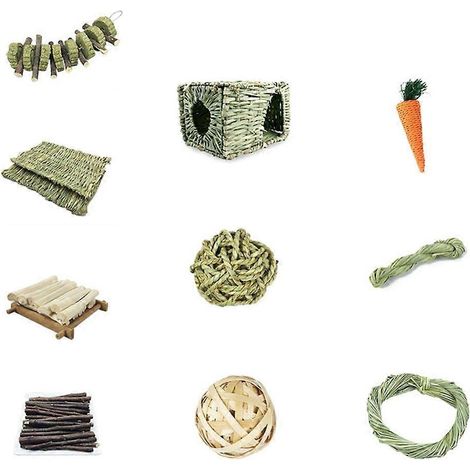 Bâtonnet à mâcher en bois naturel et herbe pour lapins et gerbilles (1/4)