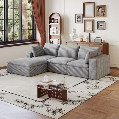 Sofá modular 260 cm gris de tela con acolchado extraíble y diseño sin montaje (1/5)