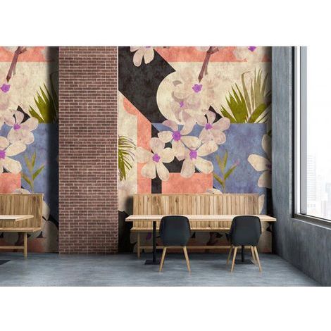 Papier peint panoramique fleurs japonaises Tapisserie panoramique multicolore pour salle à manger Papier peint panoramique graphique fleuri (1/3)