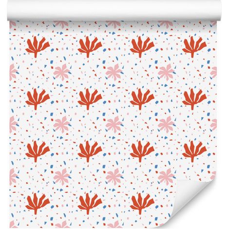 Papier peint Fleurs blanches et corail, fond corail pour salon et chambre 50x1000 cm (1/5)