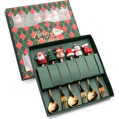 Lot de 6 cuillères à café de Noël en acier inoxydable Cuillères à dessert de Noël Cuillères à café Cuillères à mélanger Couverts de Noël avec coffret cadeau 3 cuillères et fourchette (1/4)
