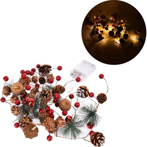 Lichterkette mit Tannenzapfen, 2 m lange Lichterkette mit Tannennadeln, LED-Lichterkette an Kupferdraht, Lichterkette mit roten Glöckchen und Beerenmarmelade (1/5)