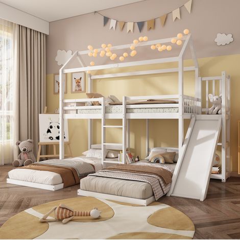 Cama infantil triple con tobogán y almacenaje blanca OKMYHOME (1/5)