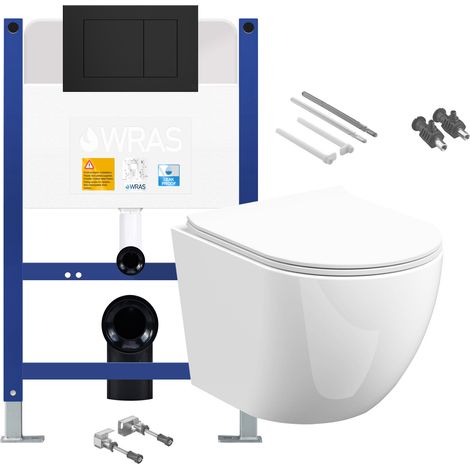 Gloss White Rimless D Shape Wall Hung Toilet with Low Height 0.75m Concealed Cistern Frame Set - Matt Black Plate
