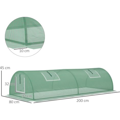 Mini serre tunnel Outsunny, serre en aluminium avec fenêtre en filet, film PE résistant aux UV, verte, 200 x 80 x 45 cm, idéale pour les plantes de jardin