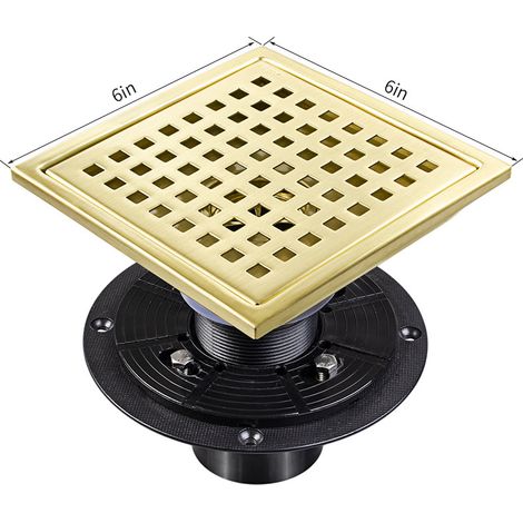 Bonde de douche dorée 6 pouces avec bride, bonde carrée avec grille amovible, acier inoxydable SUS 304, finition or brossé (1/5)